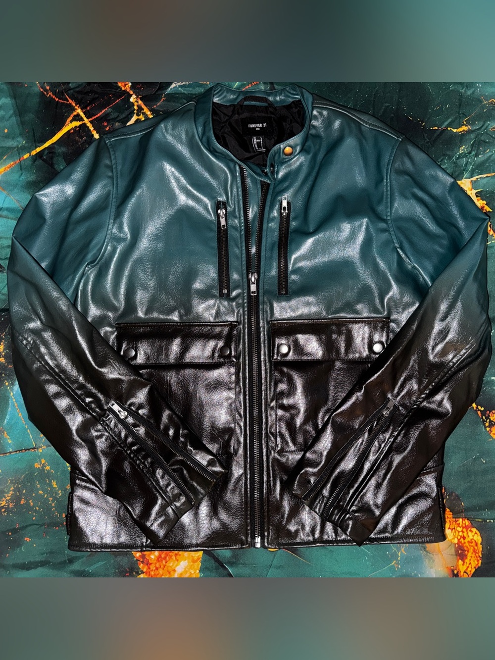 Forever 21 Ombre Teal and Black Faux Leather Jacket